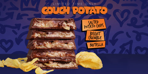Stack of layered snacks with chips on a purple background, featuring text about limited-time offer and flavor options.
