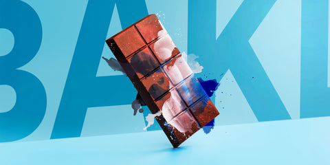 Chocolate bar with a blue background and the word 'BAK' visible