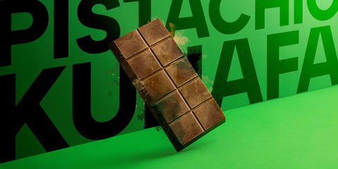 Chocolate bar on a green background with text